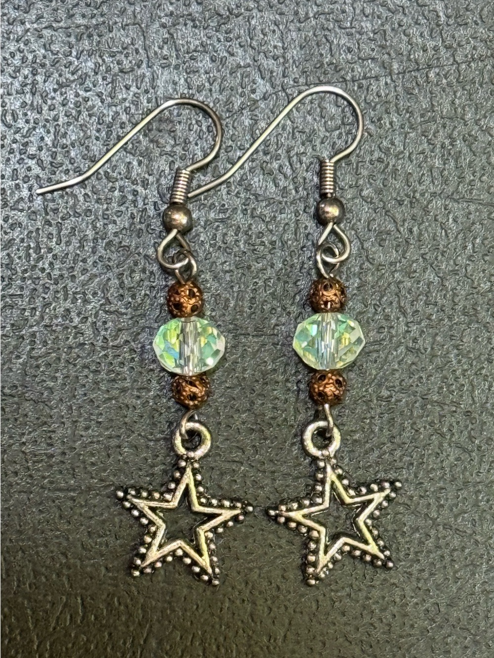 2/$20 NWT Silver Tone Star Dangle Earrings Faceted Glass Beads Long Drop Bronze - Picture 2 of 2